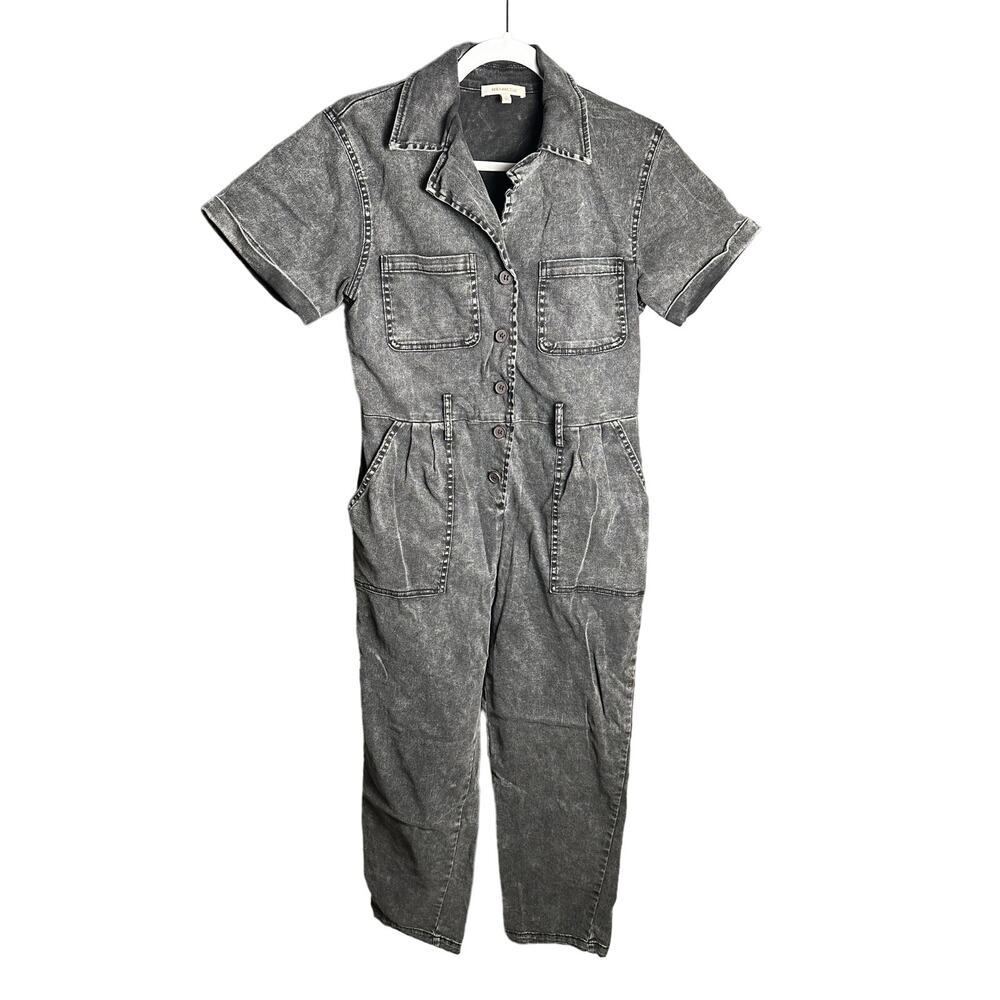 Skies Are Blue Small Washed Black Denim Pleated Boilersuit Short Sleeve Stretch‎